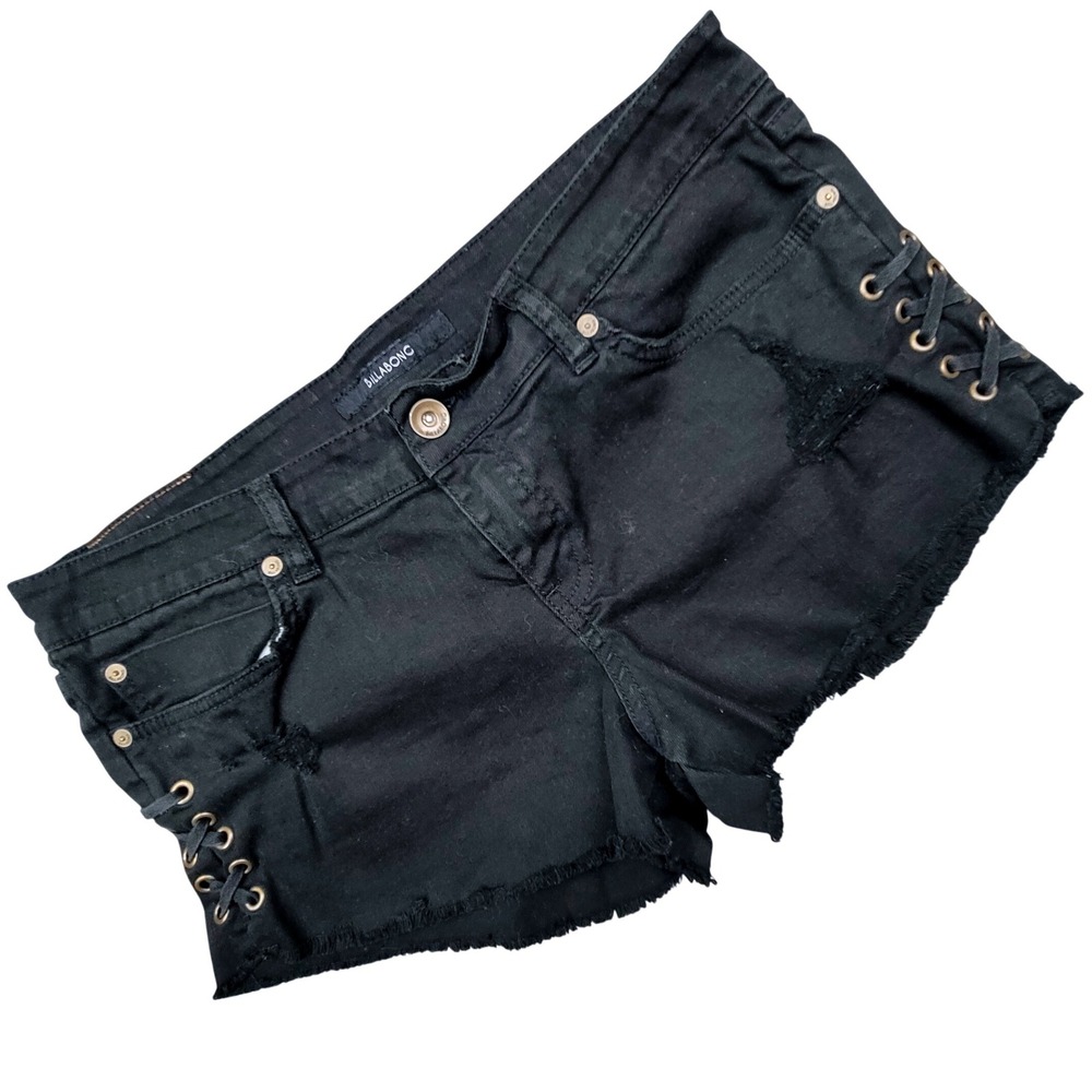 Billabong Womens Black Lace Up Distressed Denim Cut Off Shorts Size 31